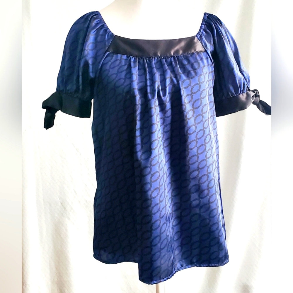 Cobalt Blue & Black Satin Babydoll Blouse Top Dark Fairy Women's Size Medium